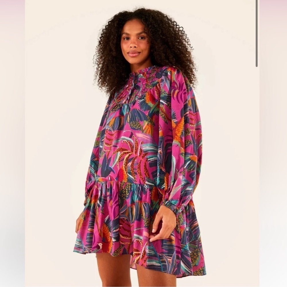 ▶️ Farm Rio ◀️ Tropical Rainbows Macaws Puff Sleeve Mini Dress 🦜 - Picture 5 of 16